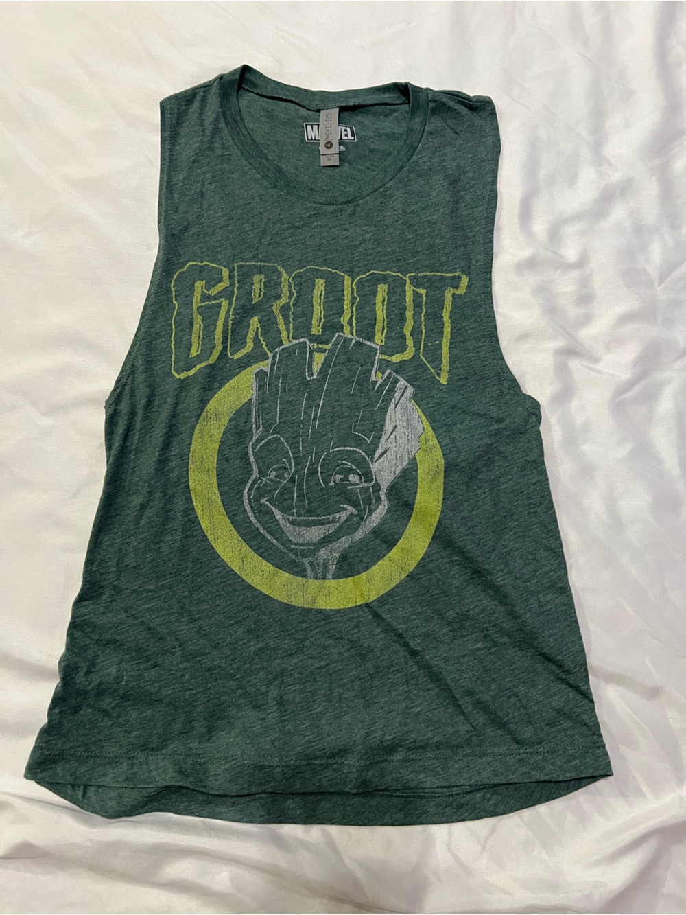 Next Level Apparel Dark Green 'Groot' Graphic Muscle Tank with Yellow Print